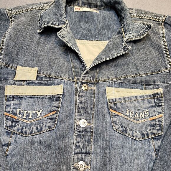 City Jean Jacket Womens L Blue Denim Trucker Distressed Y2K Grunge - Picture 4 of 8